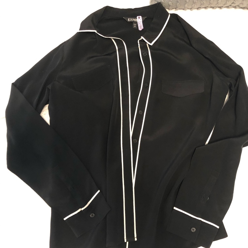 Express 100% Silk blouse contrast piping black S